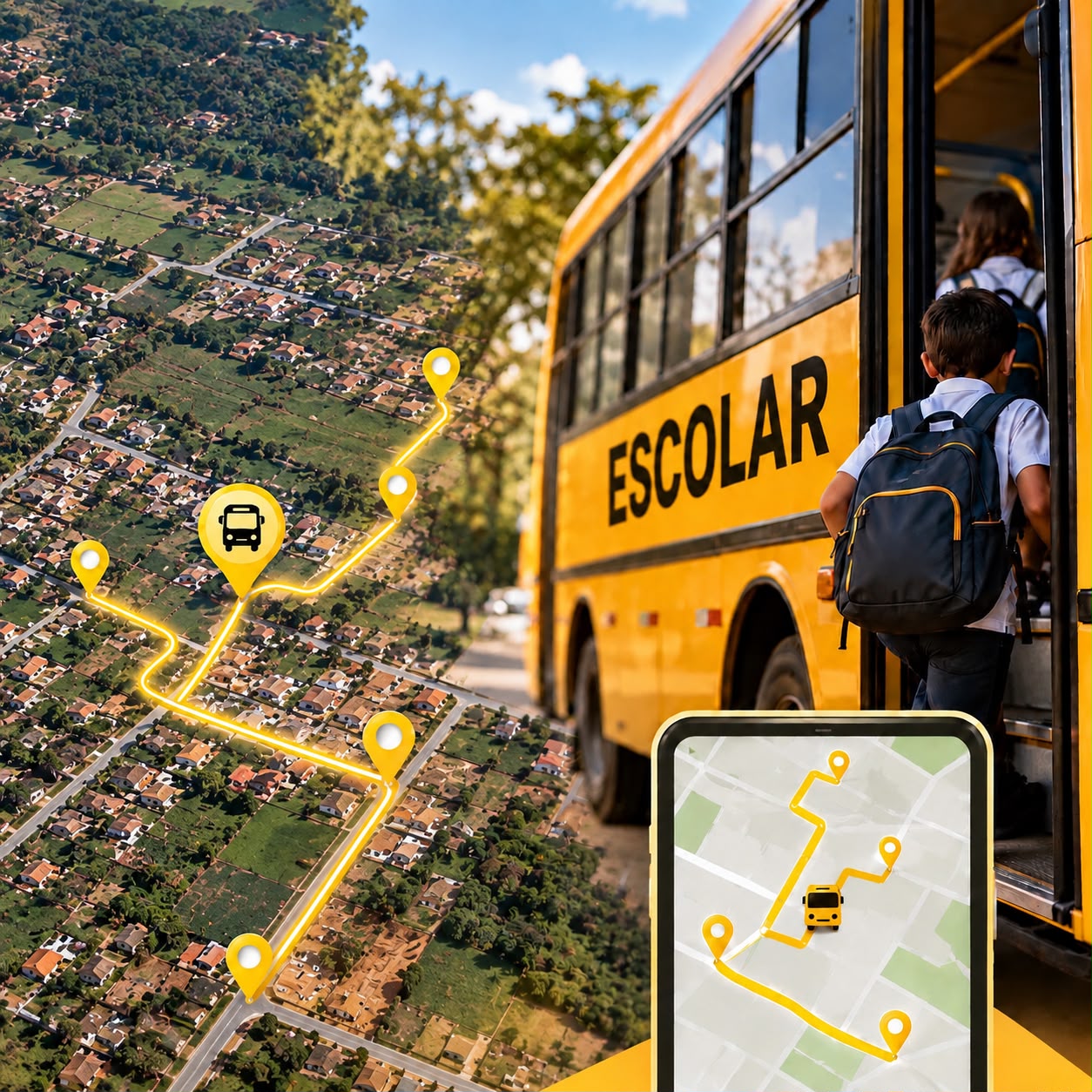 Ônibus escolar com alunos e rotas monitoradas pela Track Land